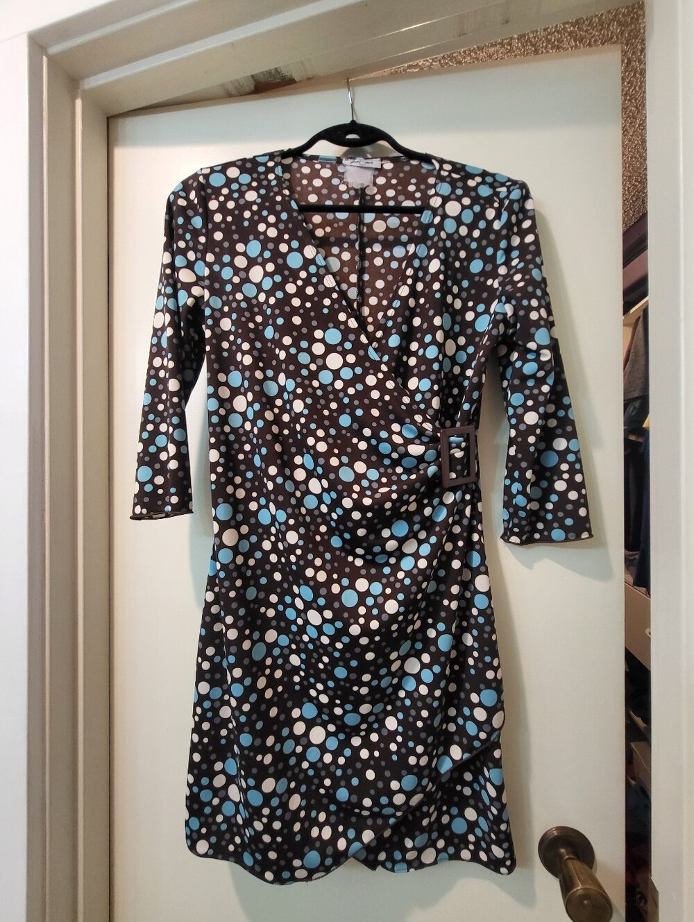 Polka Dot Wrap Dress - Blue & White on Brown